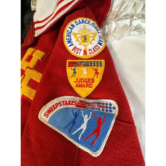 VTG Red Wool Letterman Jacket With HP and Dance Team Patches DeLONG Sz Small - Picture 4 of 16